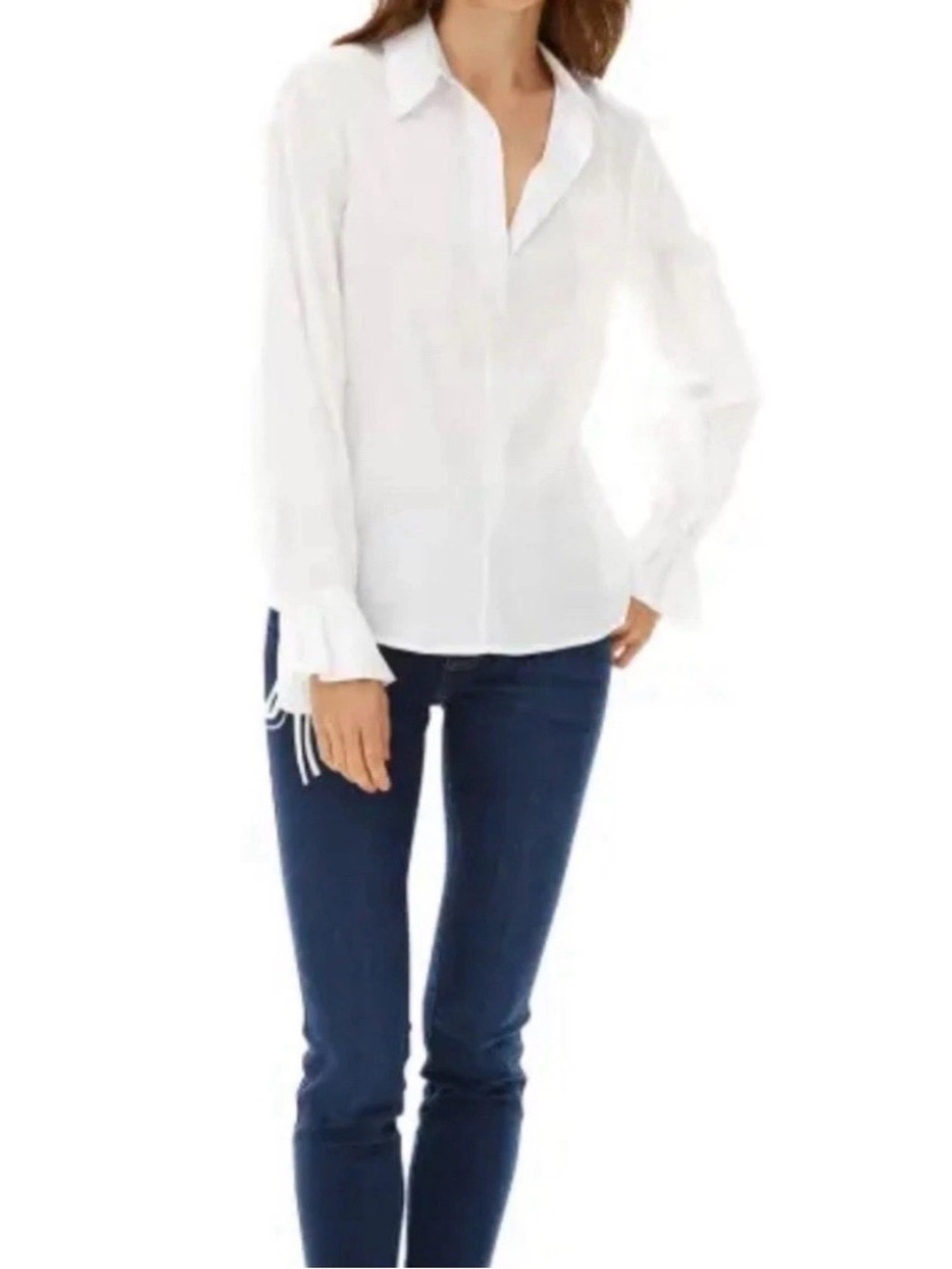 White Long-Sleeve Button-Up Blouse Point Collar & Ties on Sleeves